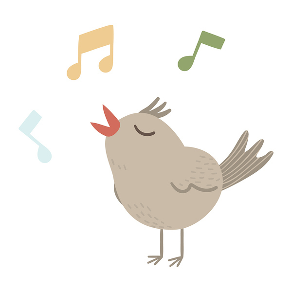 Vector illustration of a chirping bird with notes isolated on white background. Spring traditional symbol and design element.