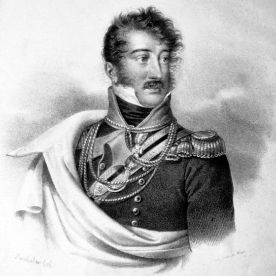 Josef Kriehuber (1800-1876): Ferdinand Fürst Kinsky (1781-1812) Offizier, Ritter des Maria-Theresien-Ordens (Link zum Bild: https://commons.wikimedia.org/wiki/File:Ferdinand_F%C3%BCrst_Kinsky_Litho.jpg).